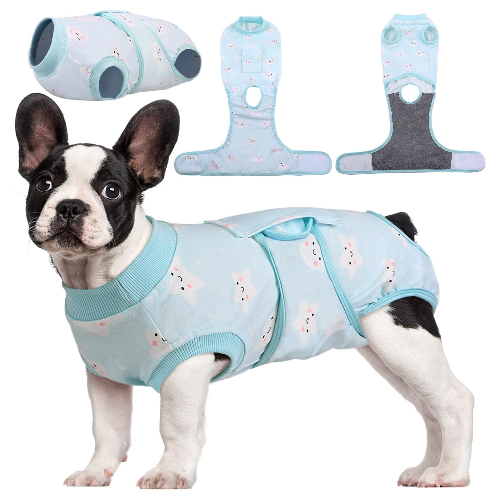 Kuoser recovery suit dog front view shows secure fit for post-surgery healing