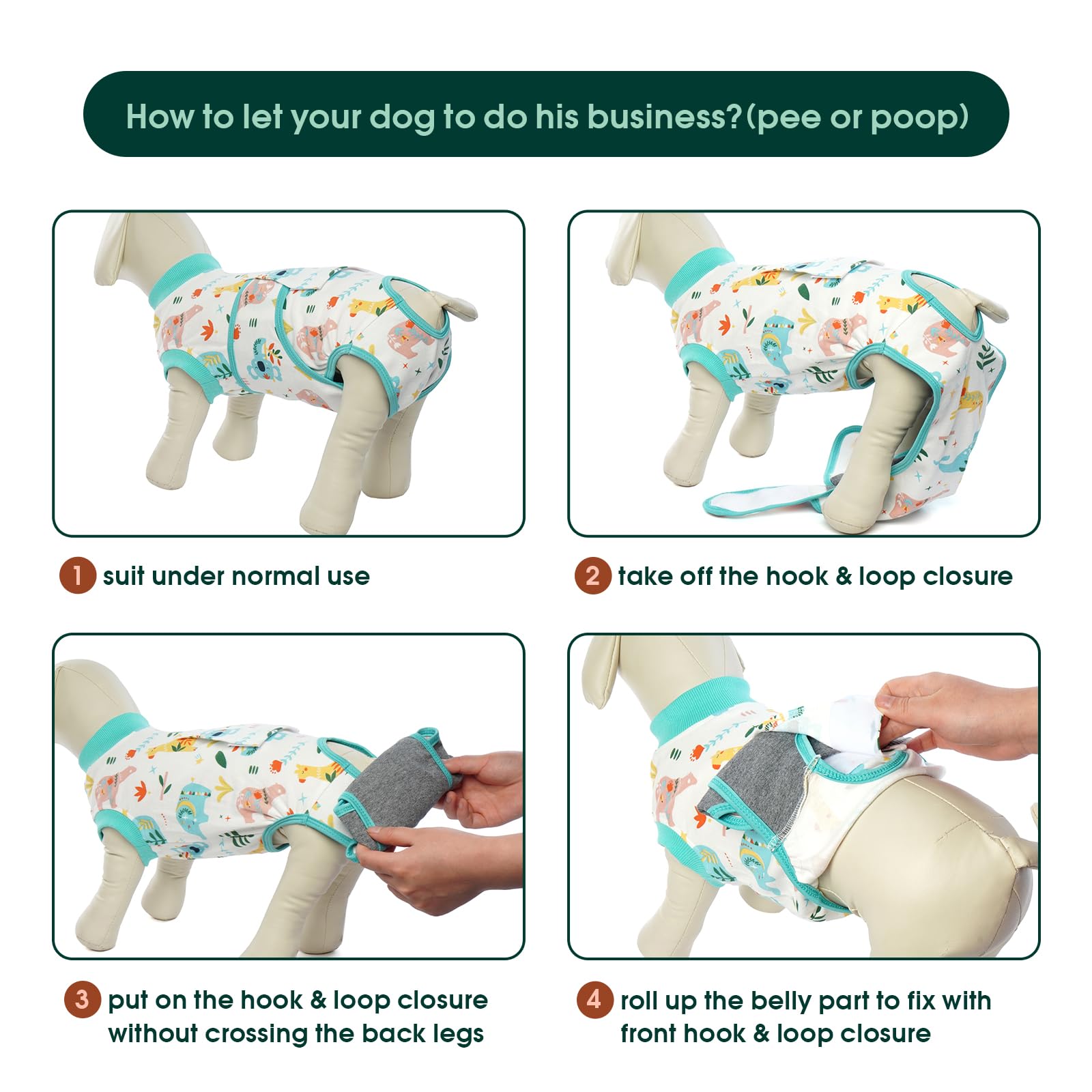 Kuoser recovery-suit abdomen-area view illustrates cone-free wound guarding