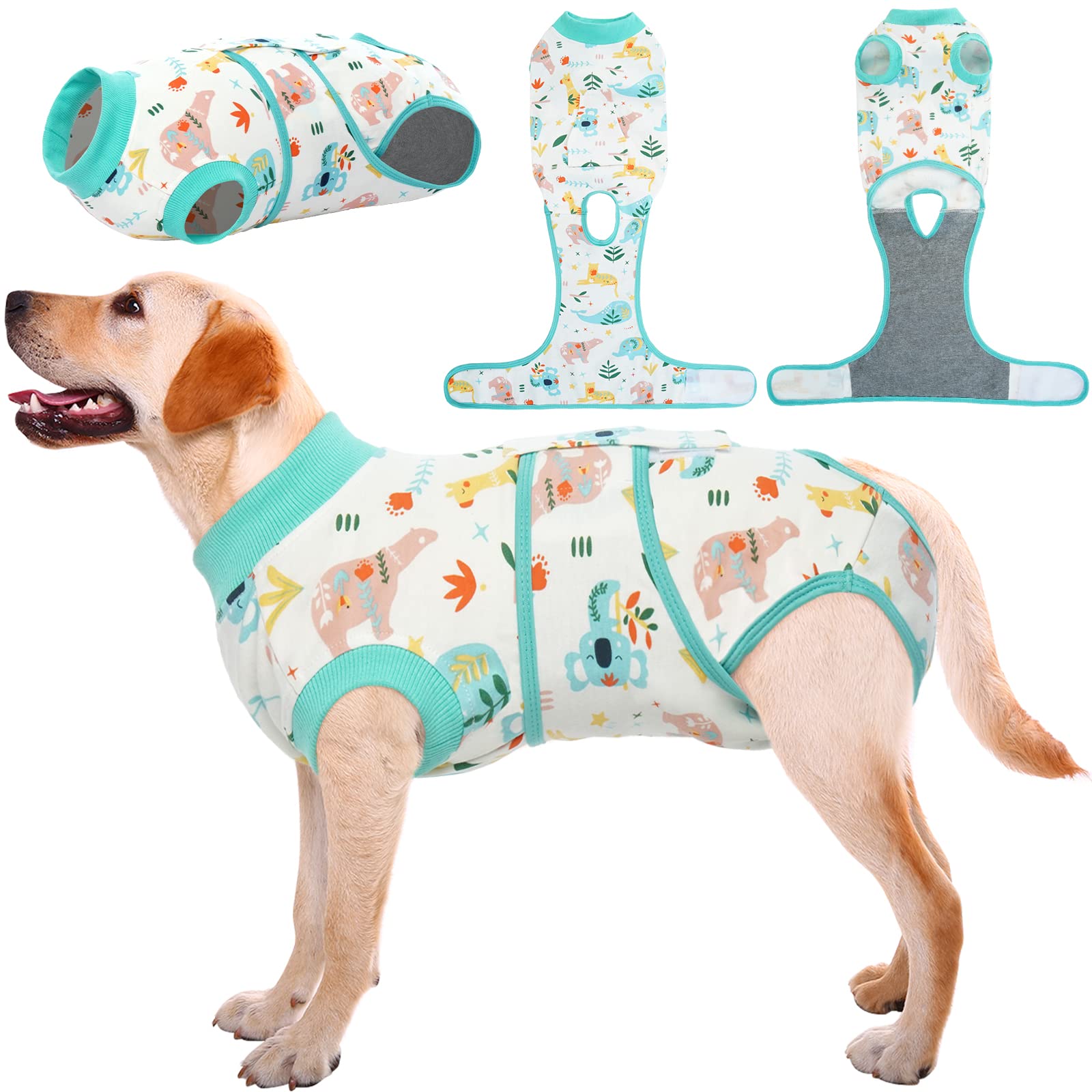 Kuoser recovery-suit front view shows comfortable post-surgery wear for pets