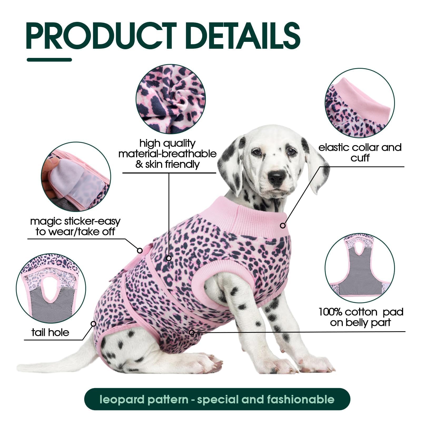 Kuoser recovery suit dogs pinkleopard back view protects incisions and curbs licking