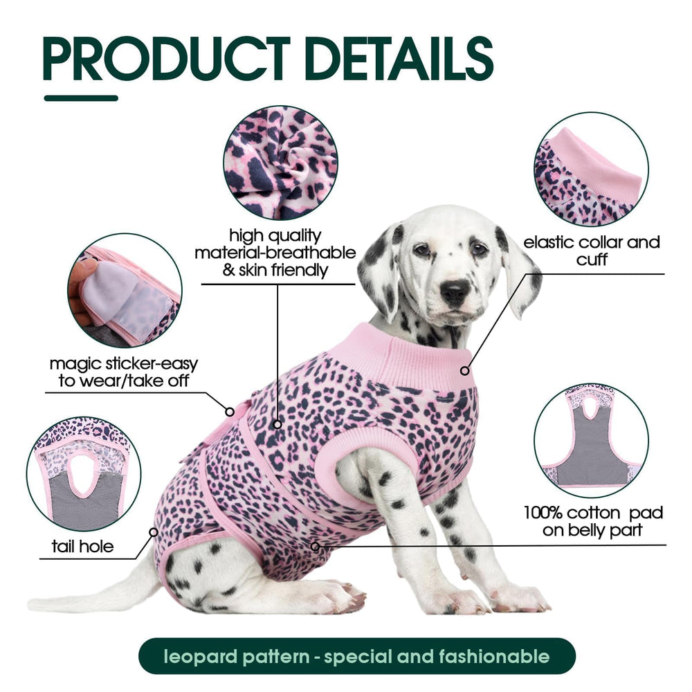 Kuoser recovery suit dogs pinkleopard back view protects incisions and curbs licking
