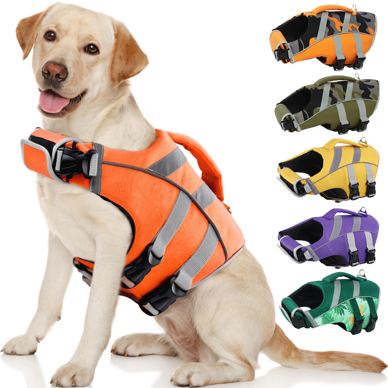 Kuoser Reflective Dog Life Jacket front view boosts high-visibility during outdoor swims.