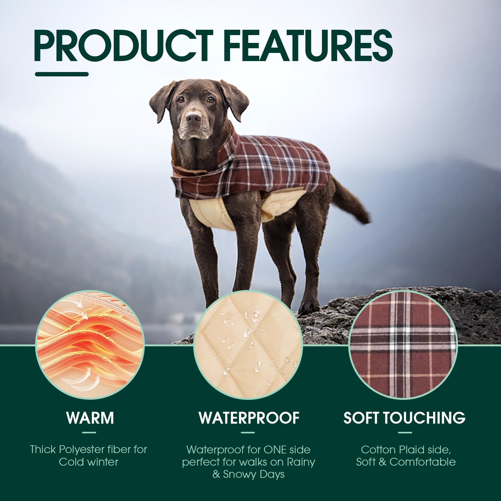 Kuoser reversible dog coat closeup highlighting dual-layer warmth.
