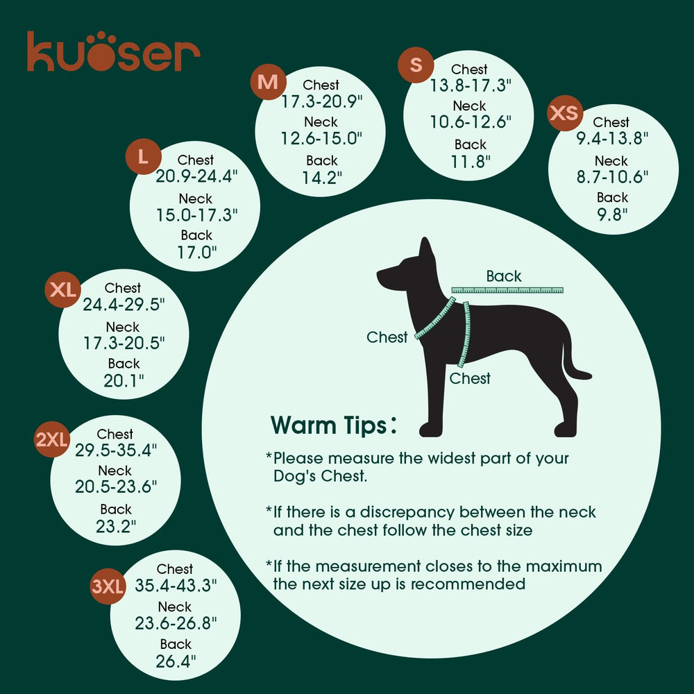 Kuoser reversible dog jacket shows two looks with neck and belly stickers for easy adjustability.