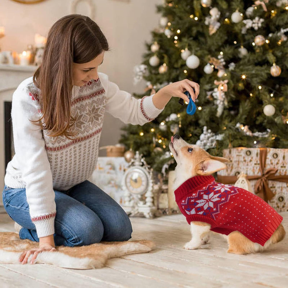 Kuoser snowflake knit dog outfit for winter and holiday photos.