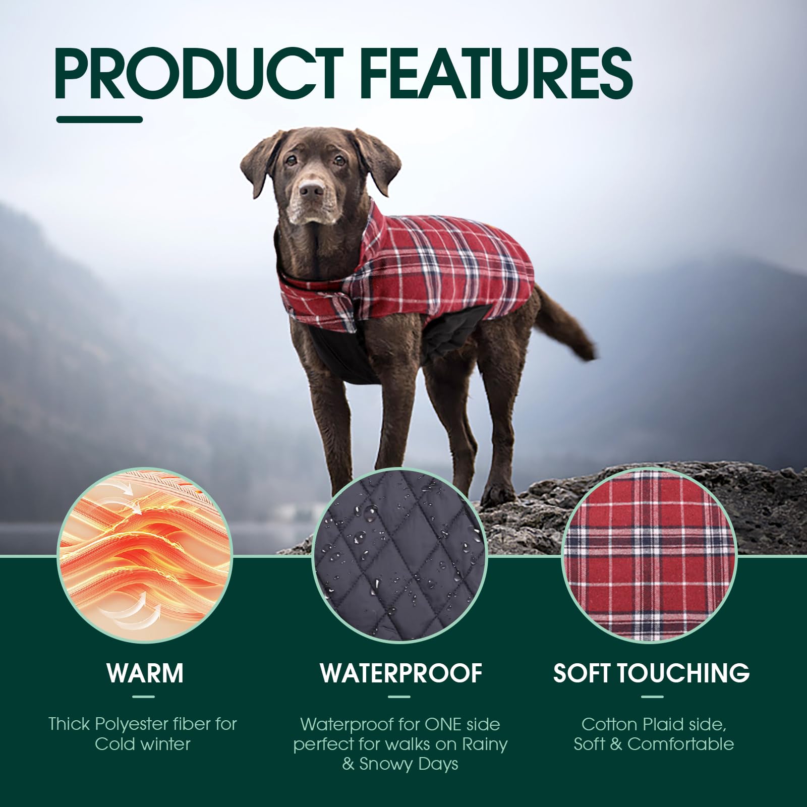 Kuoser warm dog coat side view demonstrates adjustable, comfortable fit.