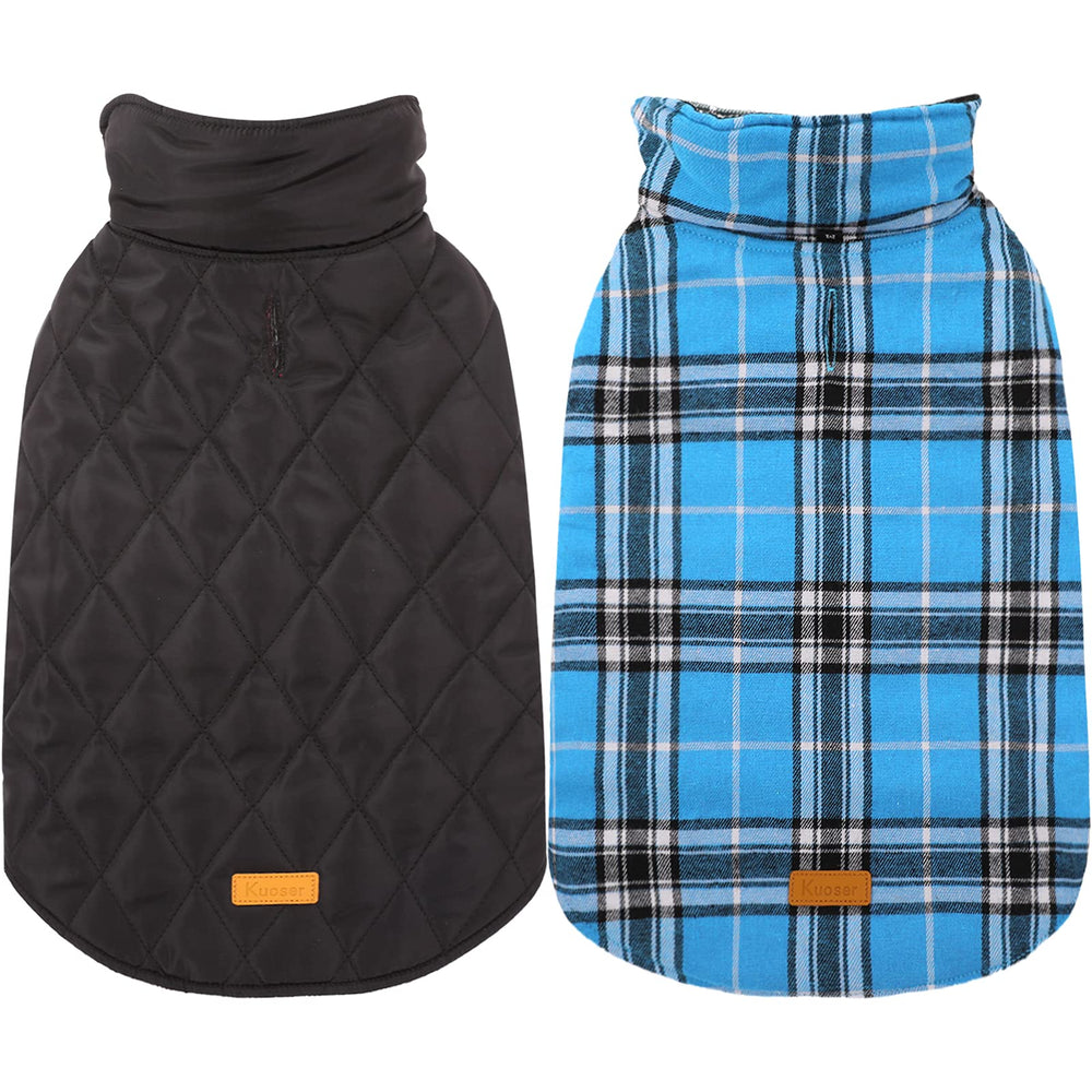 Kuoser Warm Dog Coat waterproof blue front view demonstrates weather protection for outdoor walks.