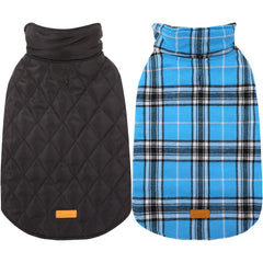 Kuoser Warm Dog Coat waterproof blue front view demonstrates weather protection for outdoor walks.