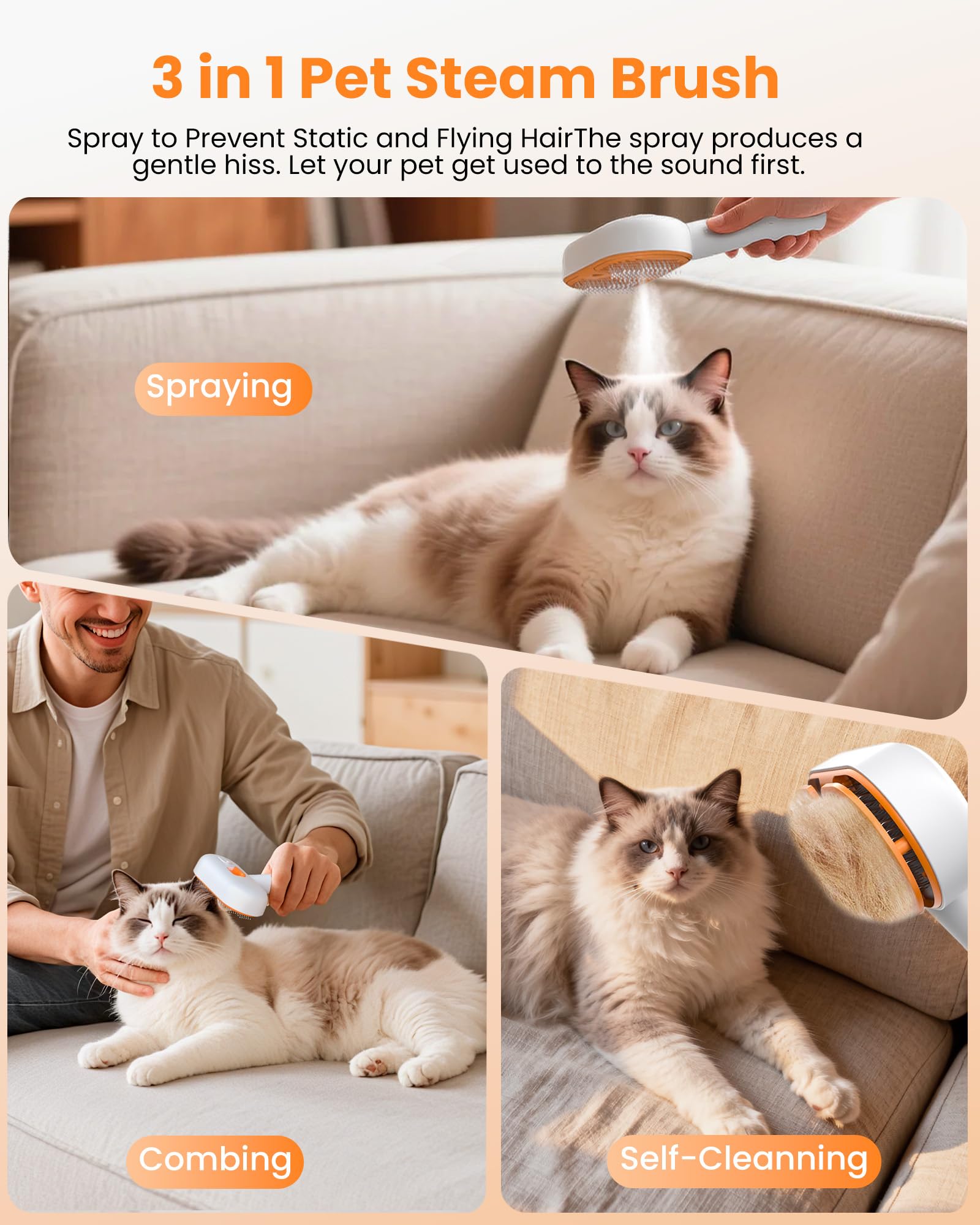 Kurtmark Cat Steam Brush self-cleaning button enables quick hair release.