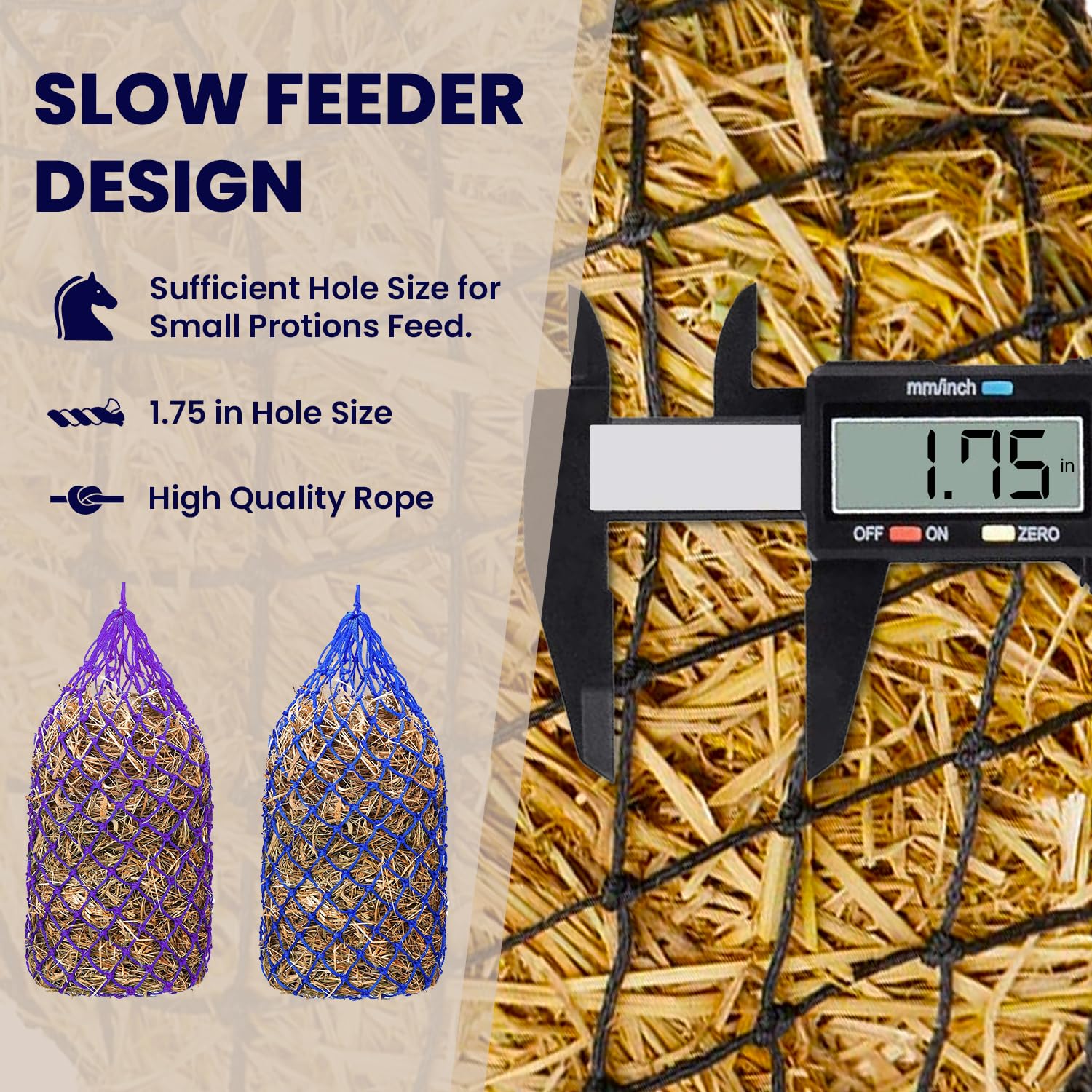 Kwik Pets hay bag close-up shows 1.75-inch holes for controlled bites
