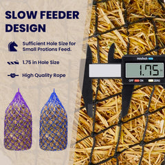 Kwik Pets hay bag close-up shows 1.75-inch holes for controlled bites