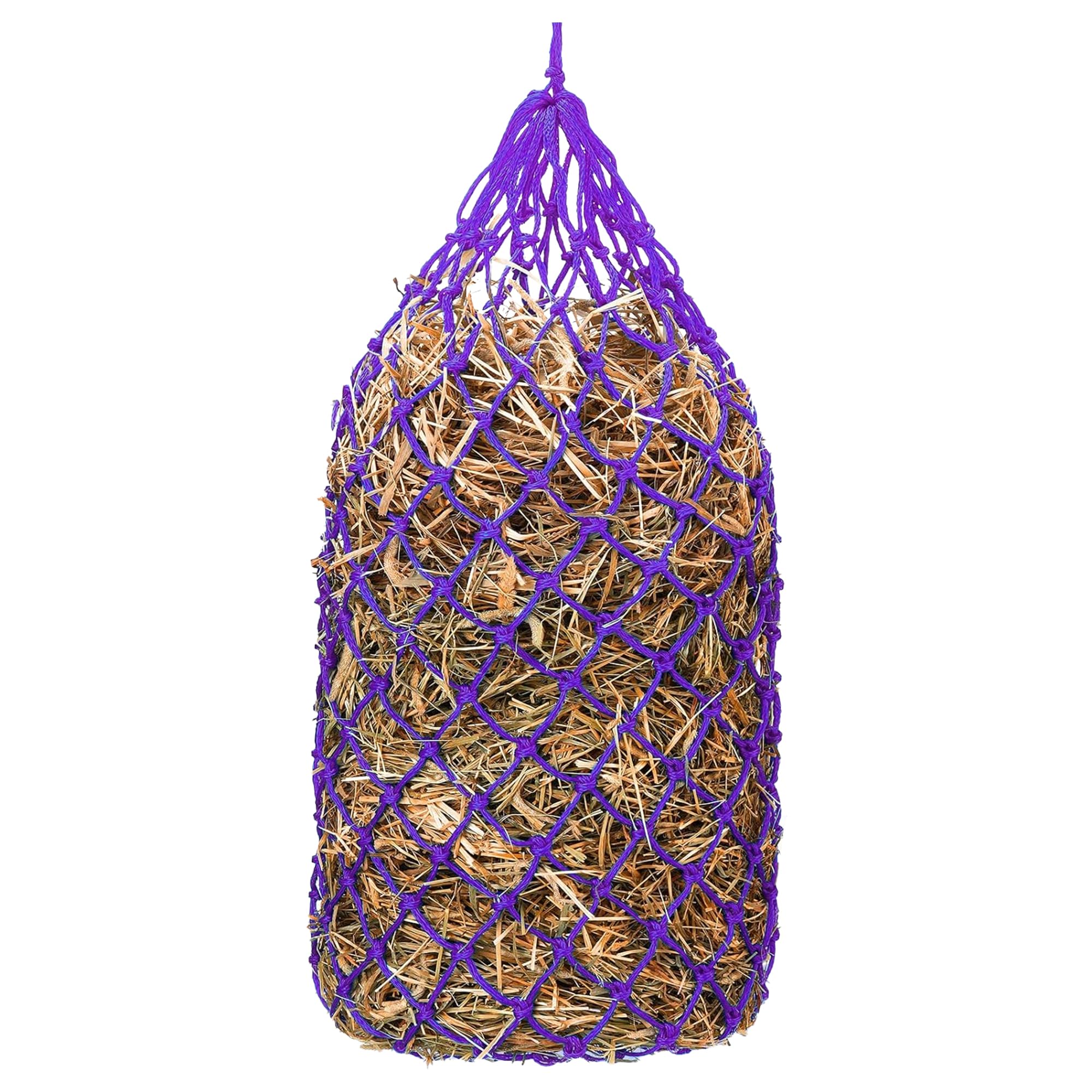 Kwik Pets heavy-duty hay bag purple full of hay for slow grazing