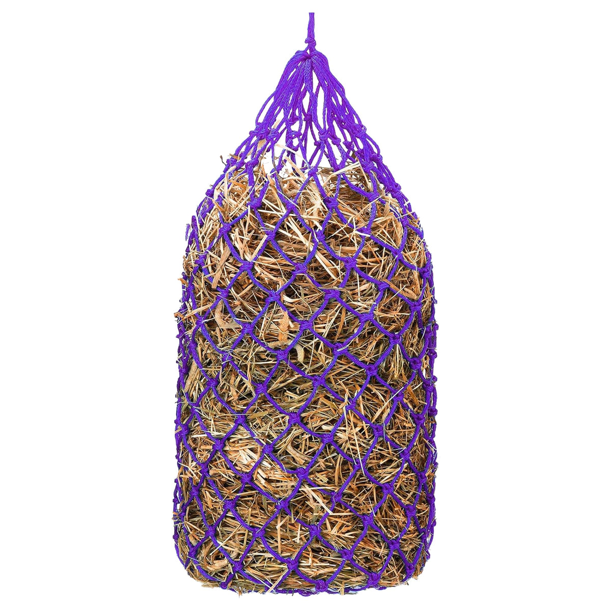 Kwik Pets heavy-duty hay bag purple full of hay for slow grazing