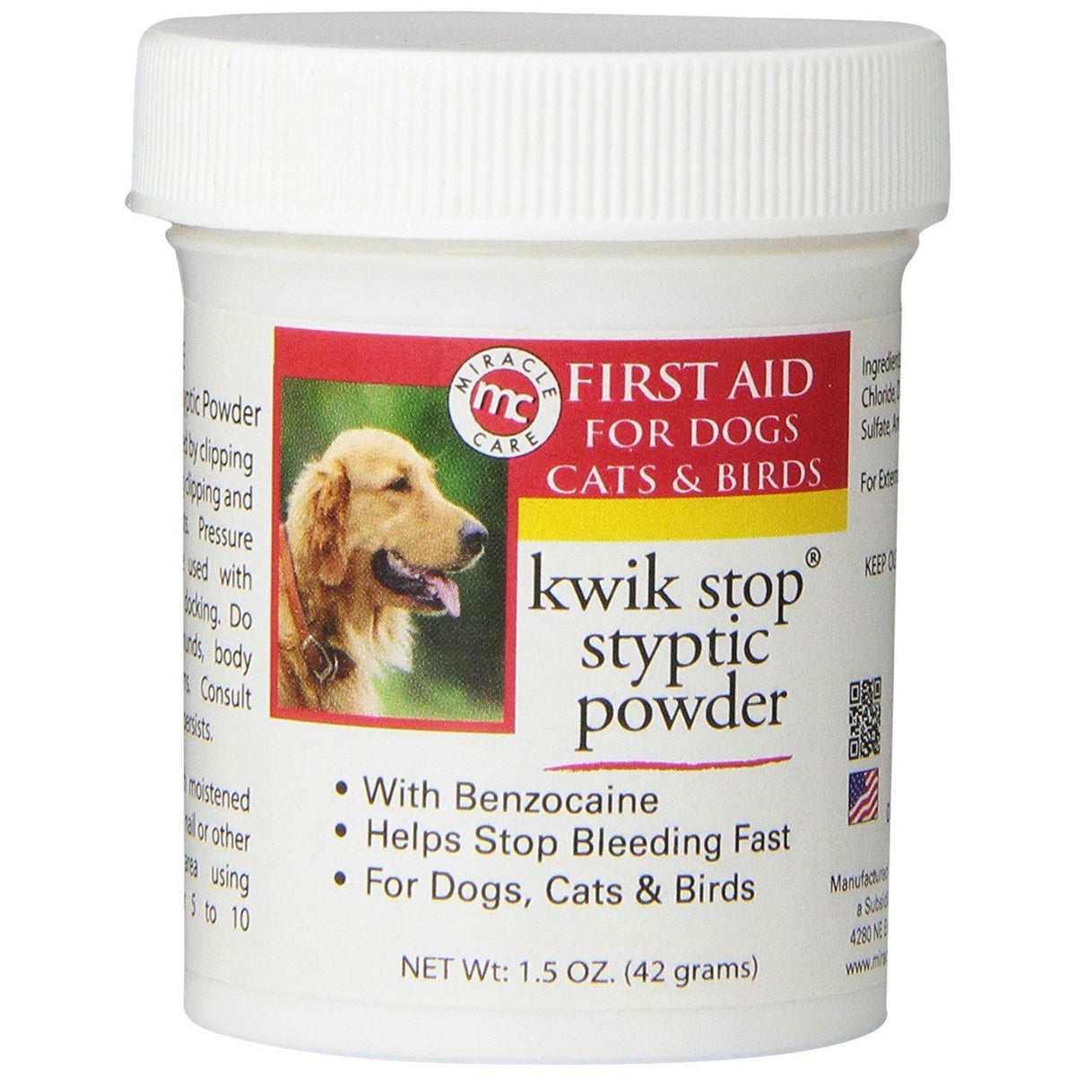 Kwik Stop styptic powder with benzocaine stops minor bleeding on nails and cuts in pets.