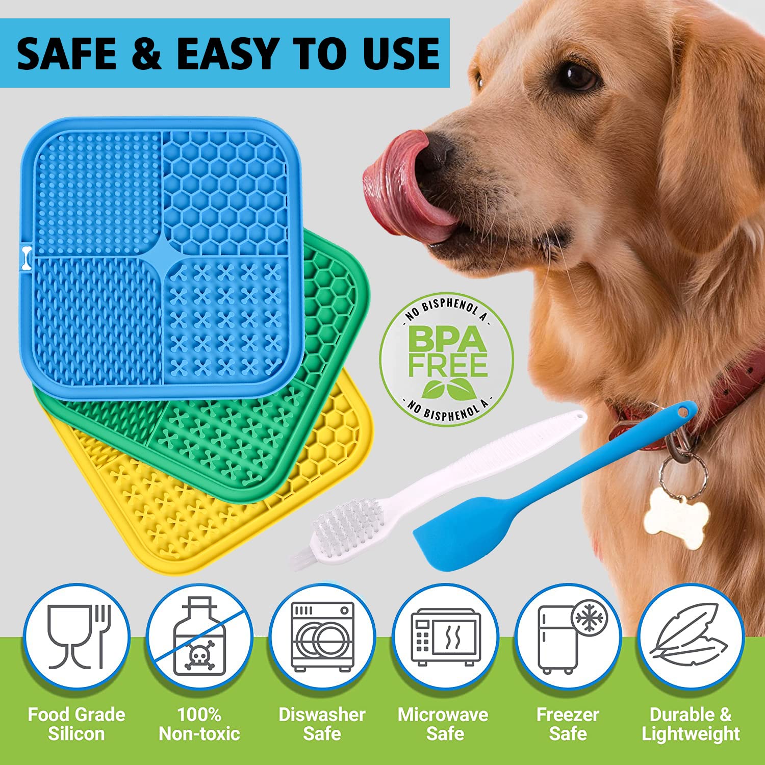 Kwispel dog licking mat pack includes spatula and cleaning brush for easy upkeep