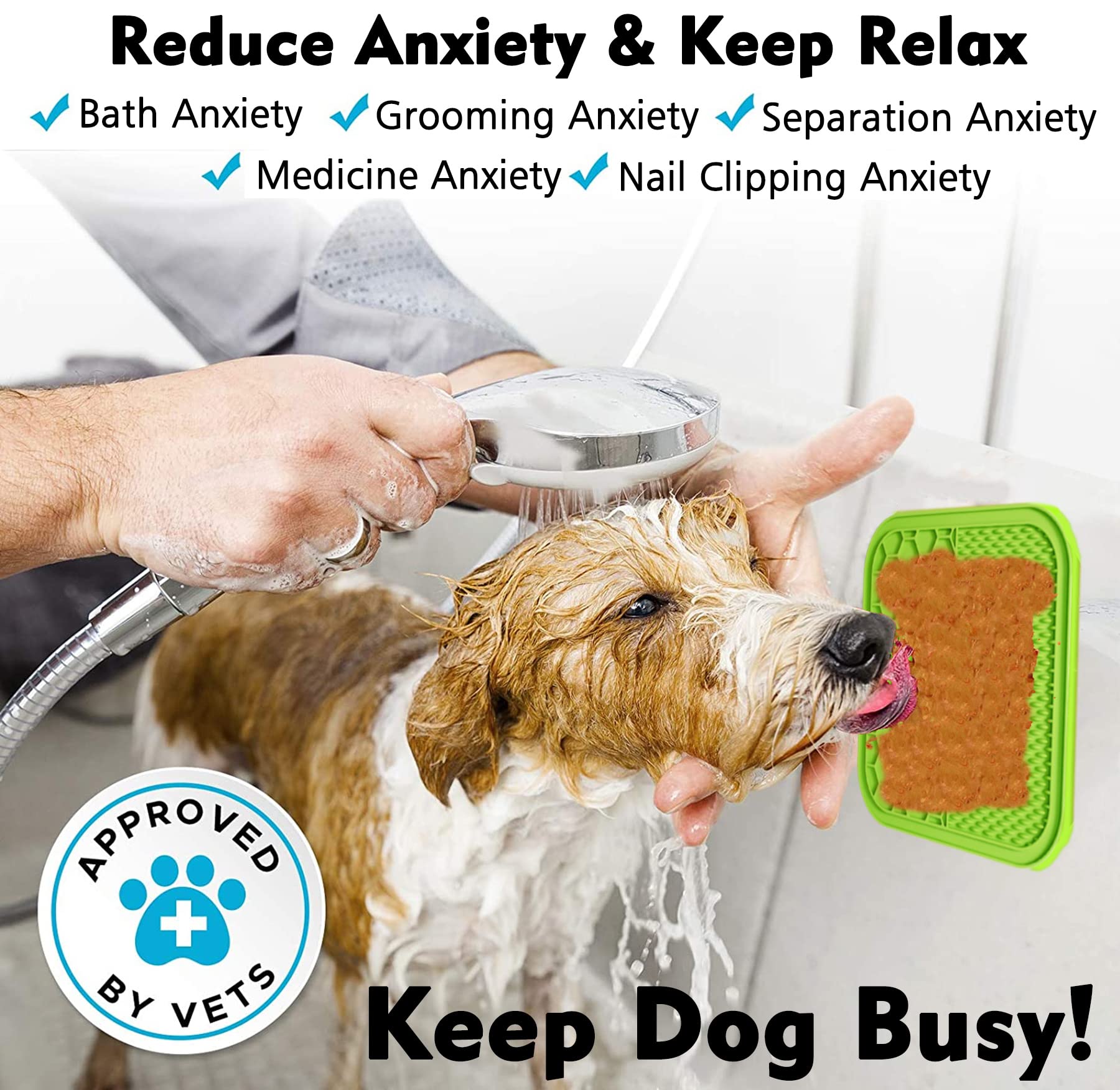 Kwispel lick mat adhered to tub wall during bath for anxiety reduction