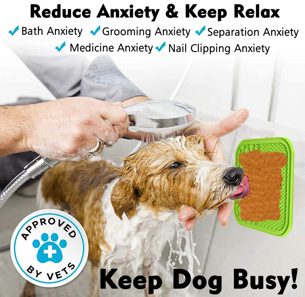 Kwispel lick mat adhered to tub wall during bath for anxiety reduction
