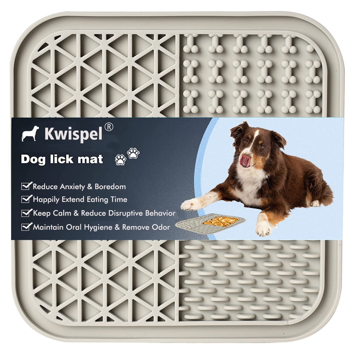 Kwispel Lick Mat on bath tile for dogs Grey keeps bath time calm and focused.