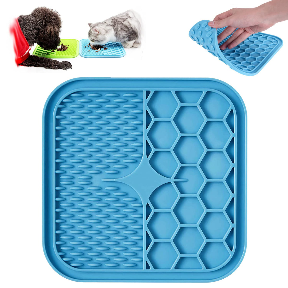 Kwispel lick mat on tub with strong suction for calm bath-time distraction.
