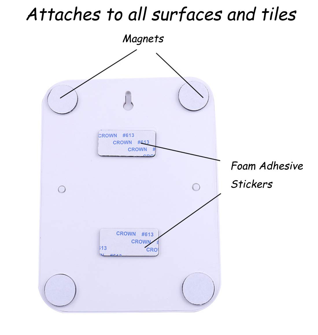 Kwispel magnet back with double-sided tape enables versatile placement.