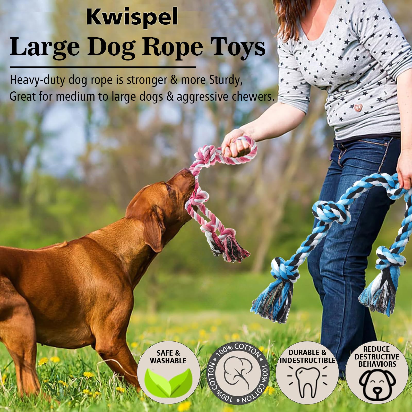 Kwispel rope toy teeth-cleaning detail emphasizes natural fibers flossing between teeth.