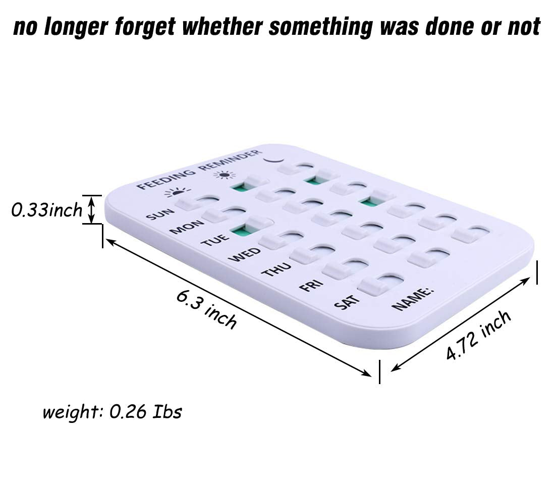 Kwispel three-times-a-day chart on wall helps prevent missed meals.