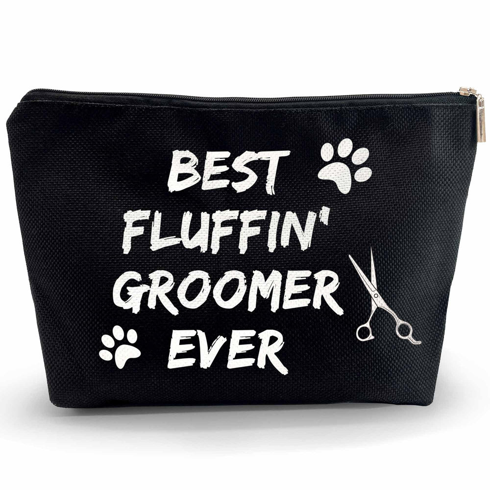 Kwtzkuo dog groomer cosmetic bag front view showing durable linen waterproof fabric for travel