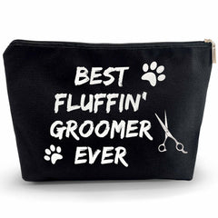 Kwtzkuo dog groomer cosmetic bag front view showing durable linen waterproof fabric for travel