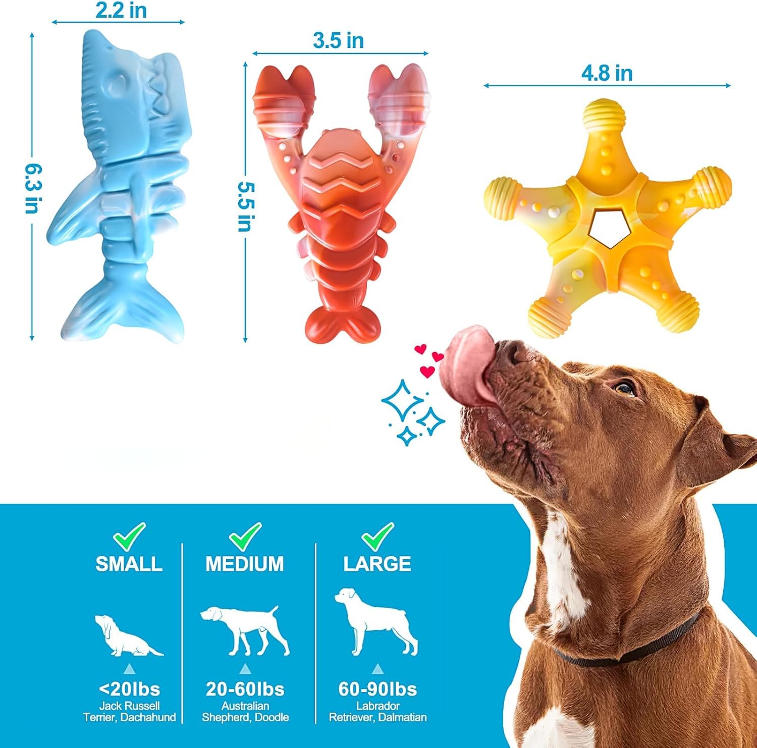 KXK Dog Toys ocean design starfish fish lobster image promotes fun ocean-themed playtime.