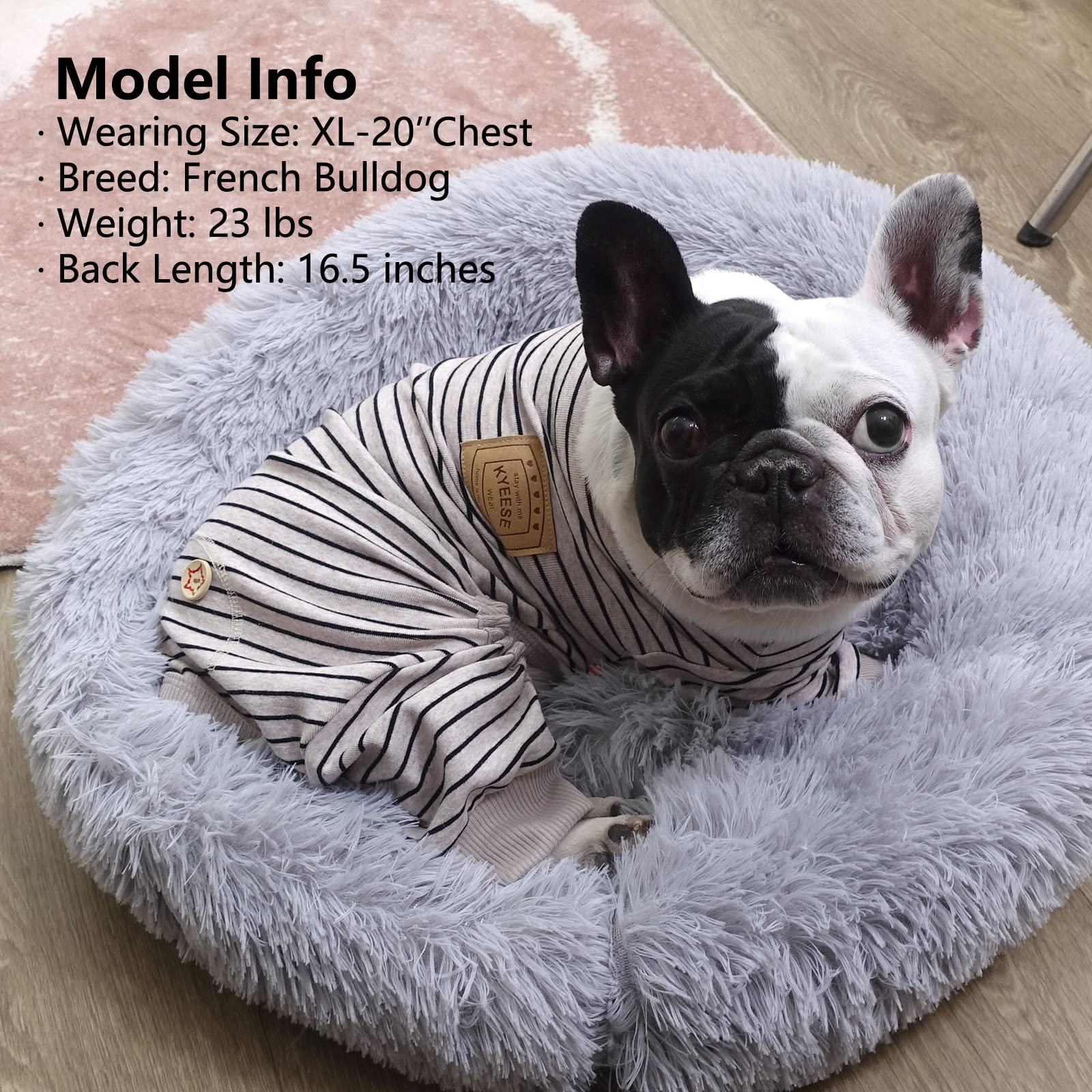 KYEESE dog pajamas model wearing large size for fit reference.
