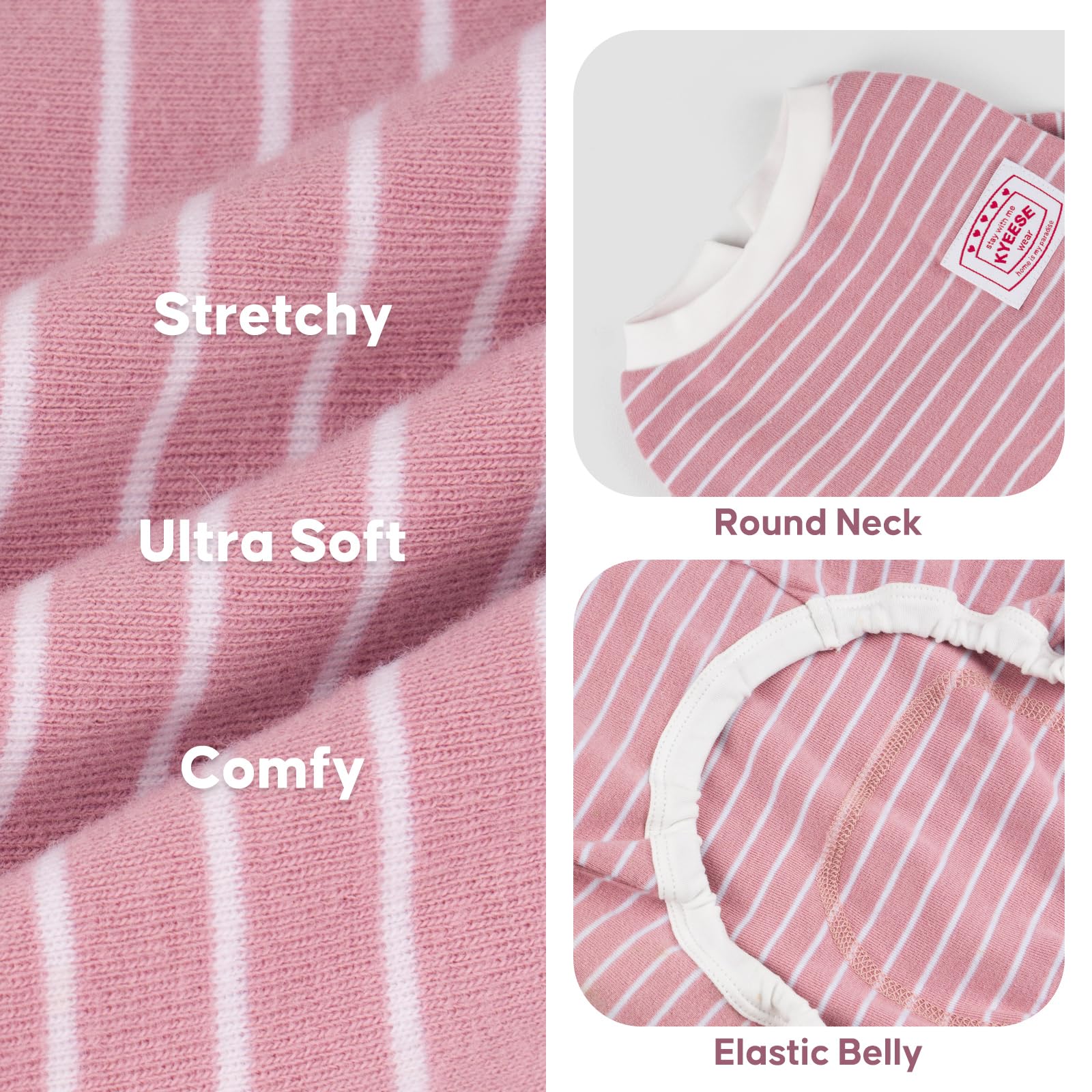 KYEESE striped pajama close-up highlights stretchable neckline for effortless dressing.