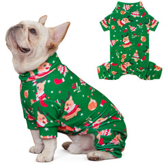 KYEESE dog Christmas pajamas show reindeer design on green fabric for festive warmth.