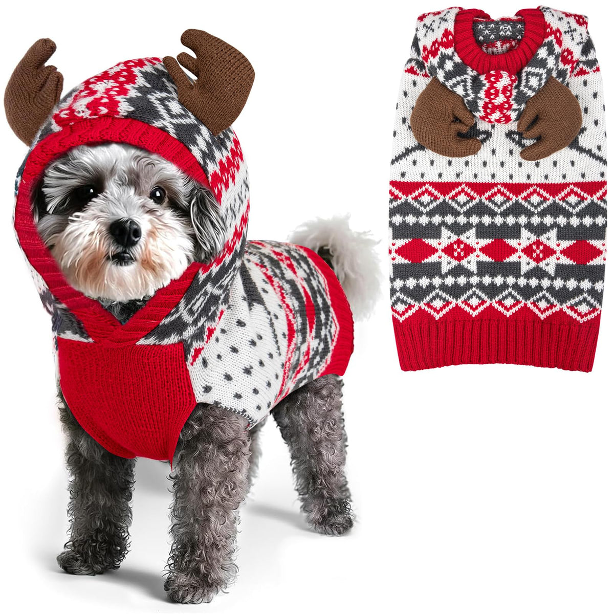 Kyeeese dog Christmas sweater with moose hood during holiday stroll for cozy festive charm