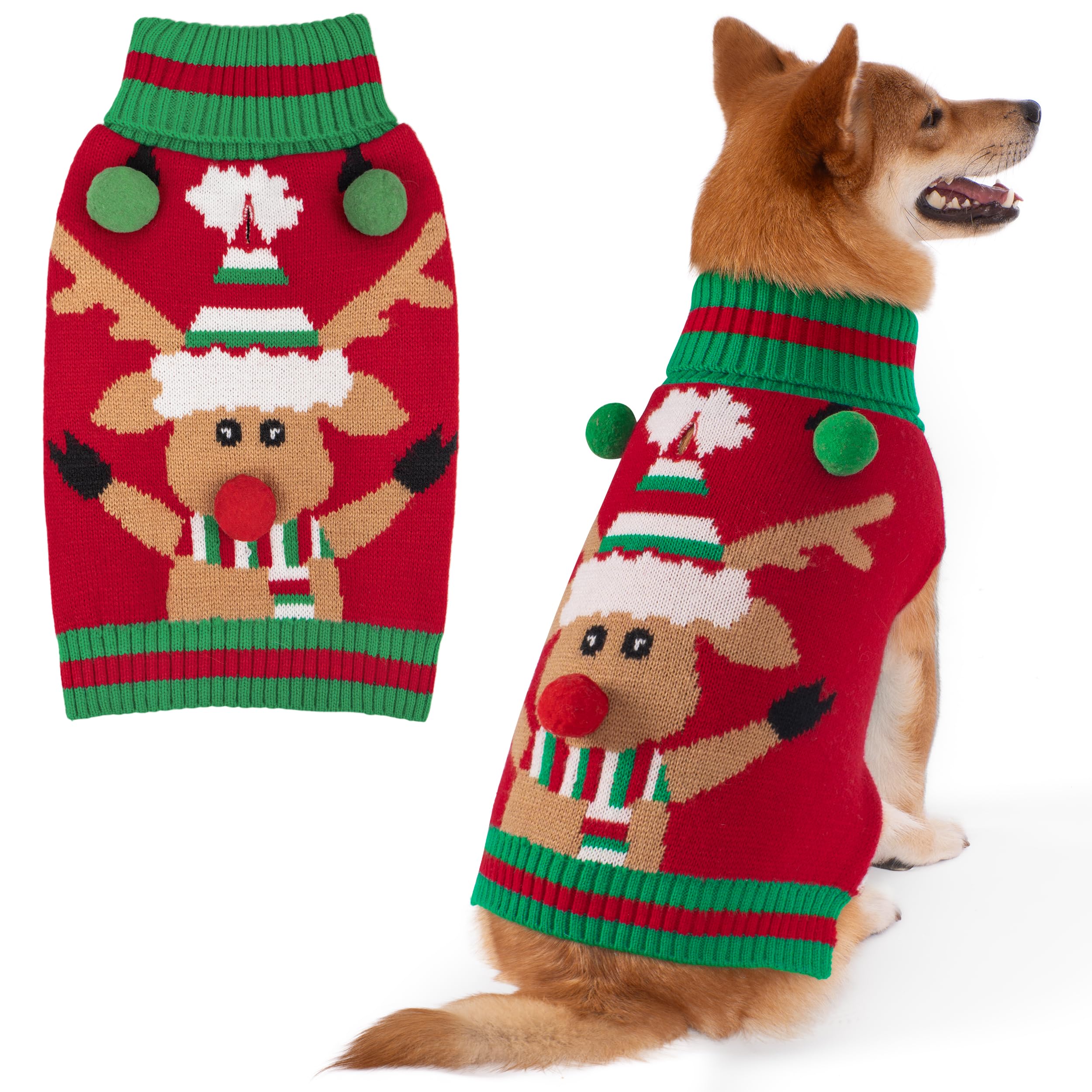 KYEESE dog Christmas sweater with reindeer pattern for cozy holiday walks.