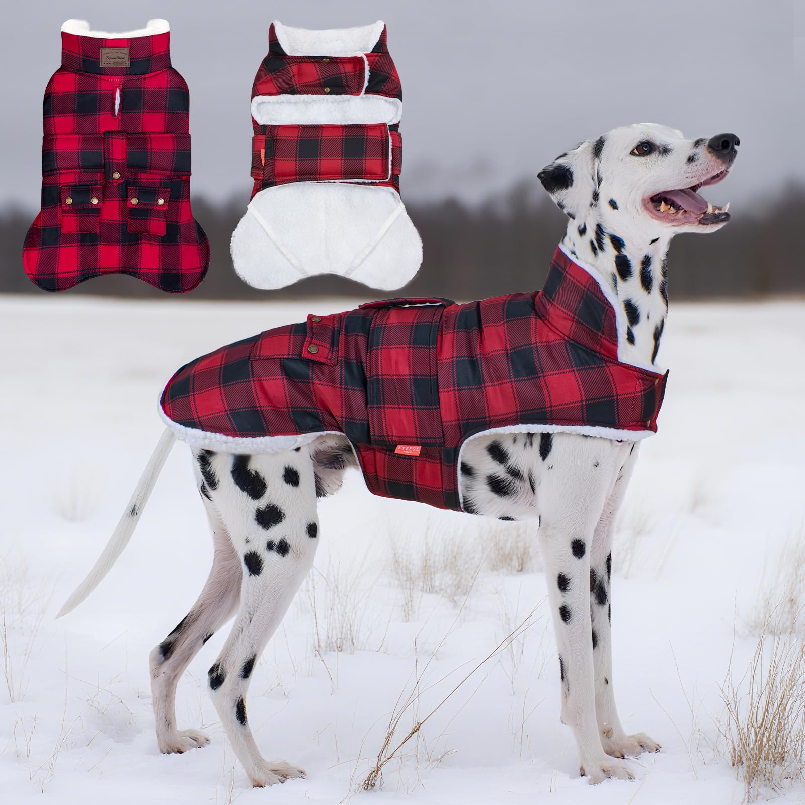 KYEESE dog coat back view demonstrates cozy warmth for cold-weather strolls
