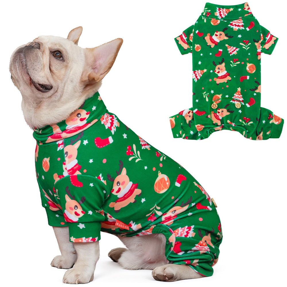 KYEESE dog pajamas with reindeer design for warm holiday photoshoots.