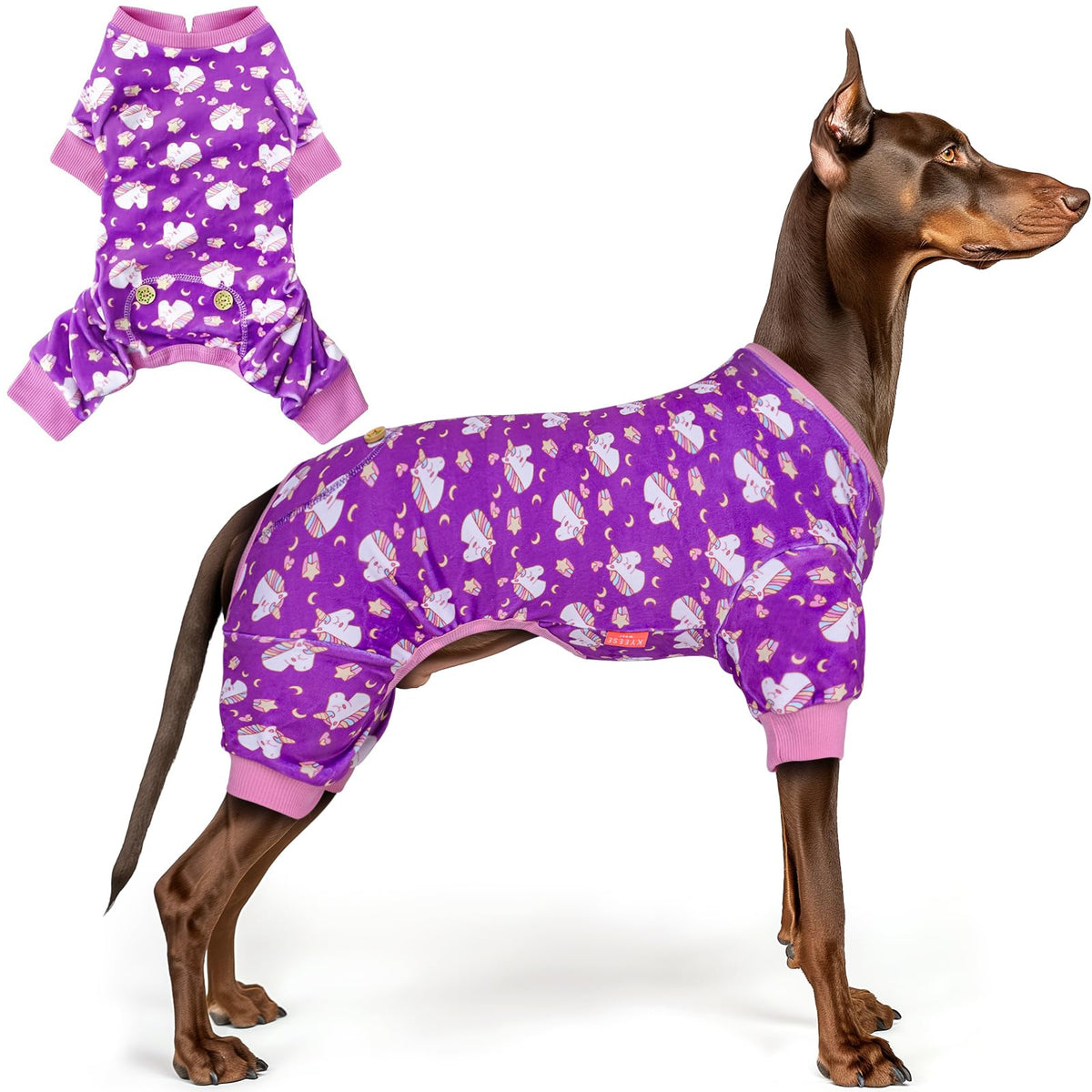 KYEESE unicorn-pattern dog pajamas in purple offer cozy daily wear for large dogs