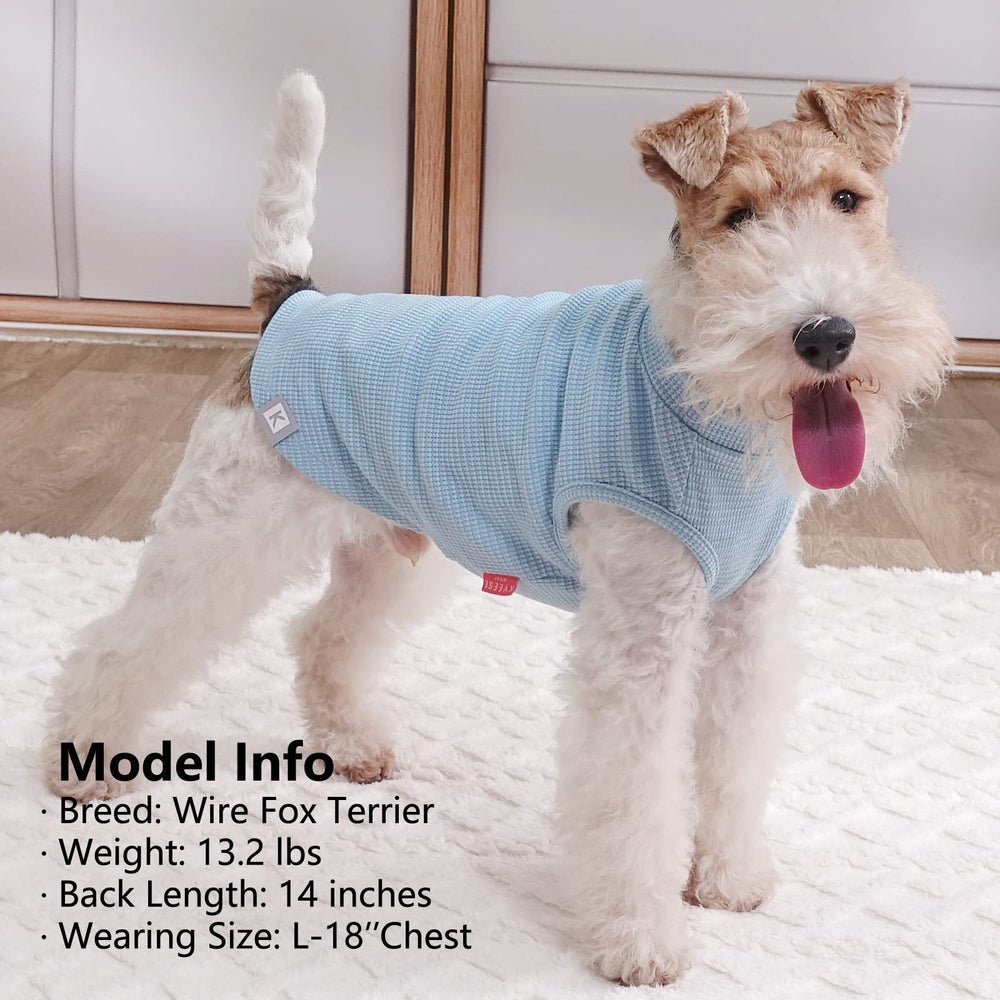 KYEESE sleeveless dog shirt demonstrates easy-on, easy-off design for busy owners.