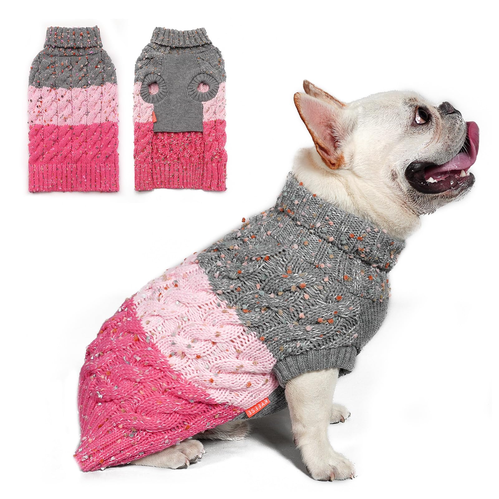 Kyeeese dog sweater color block pink front view highlights cozy warmth for small dogs.