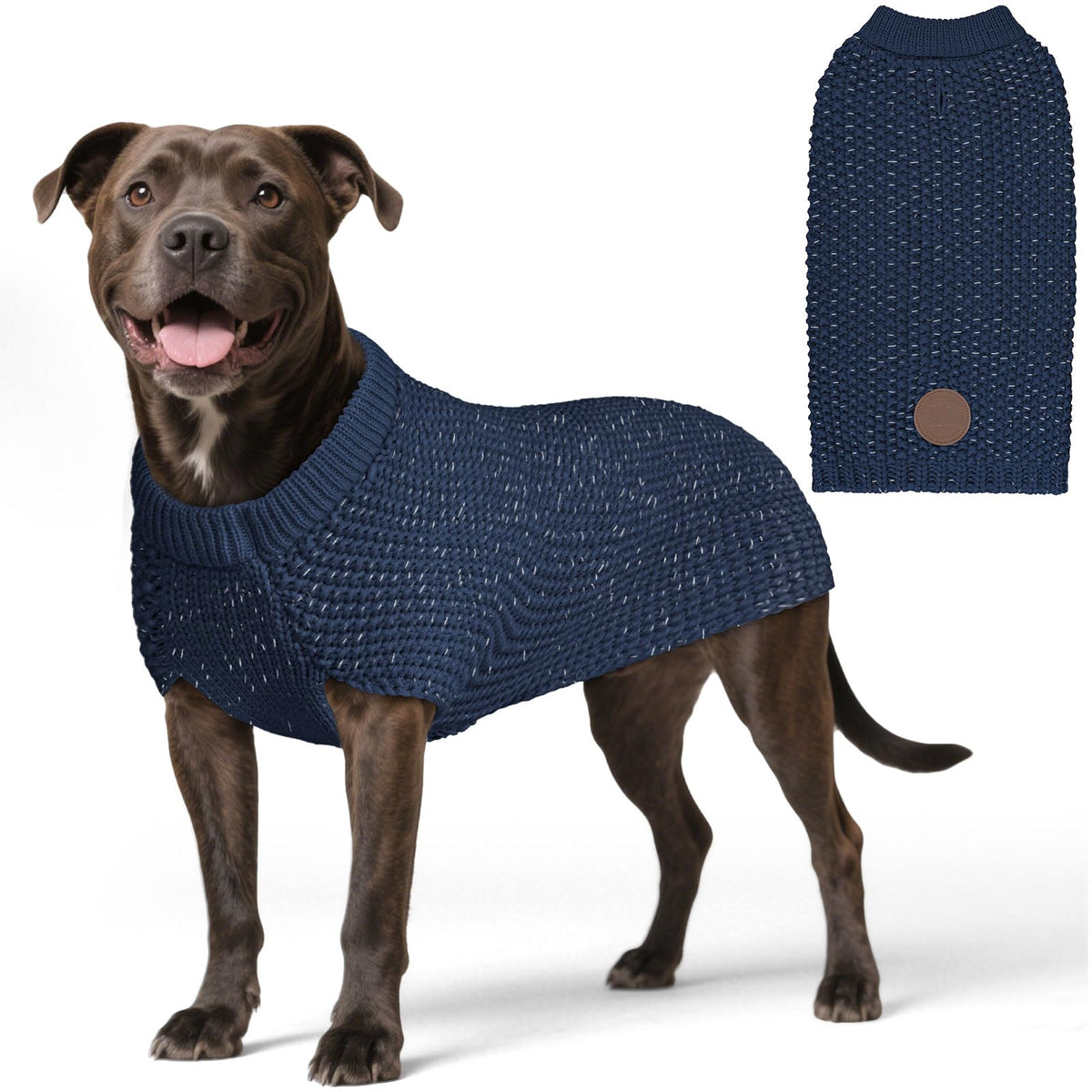 KYEESE dog sweater navy large front view highlights high visibility and cozy warmth