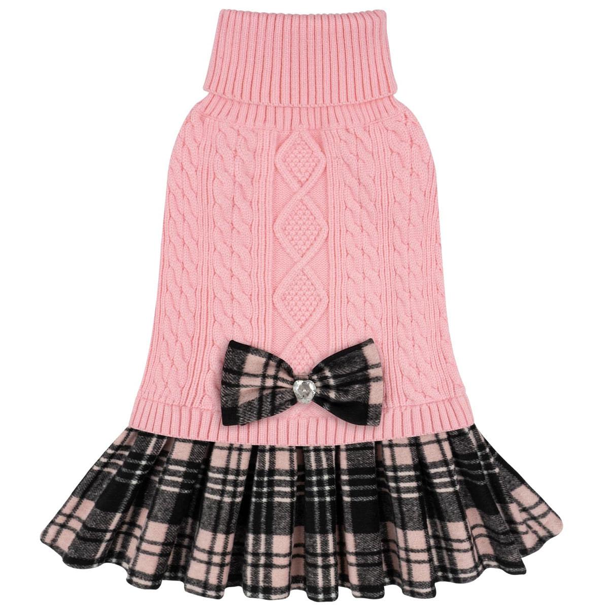 KYEESE pink-dog-sweater-bowtie-turtleneck keeps pets stylish and warm during outings.
