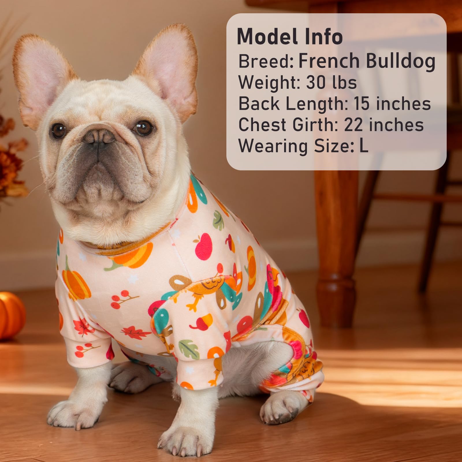KYEESE Thanksgiving dog pajama size guide helps fit small to large dogs