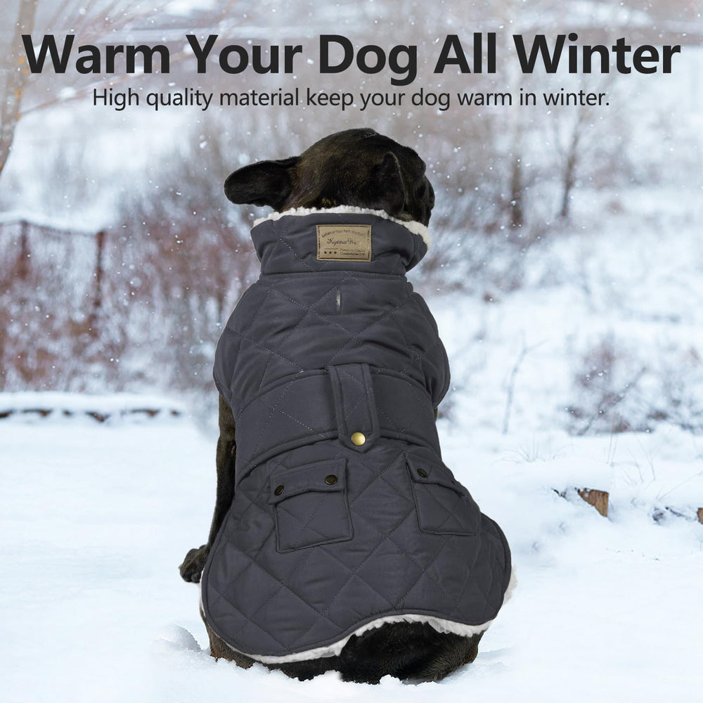 KYEESE dog coat side view illustrates adjustable fit for small dogs.