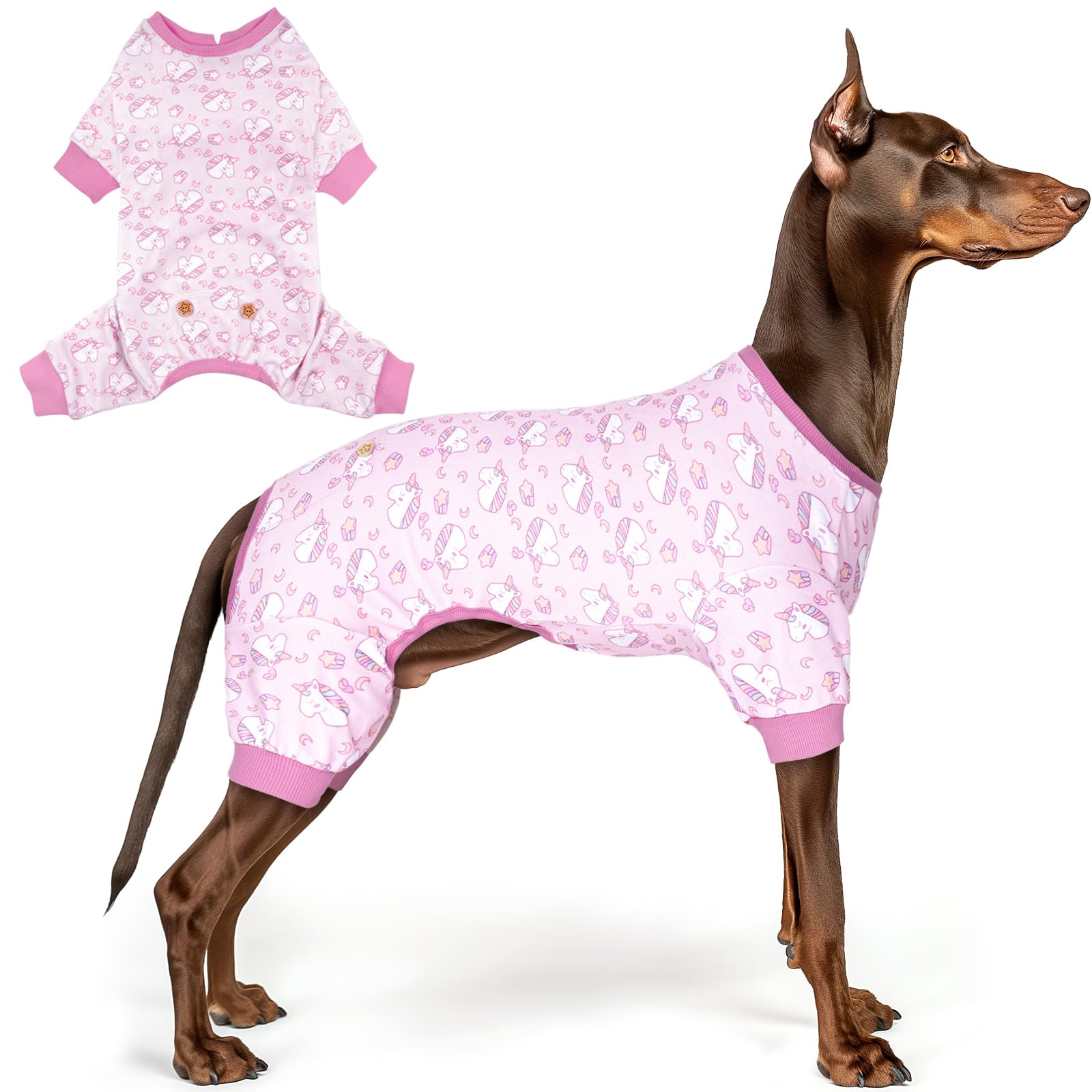KYEESE velvet dog pajamas pink unicorn front view for cozy warmth and playful look