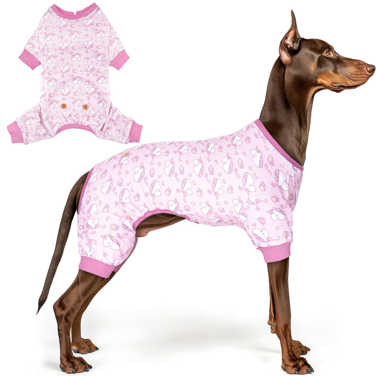 KYEESE velvet dog pajamas pink unicorn front view for cozy warmth and playful look