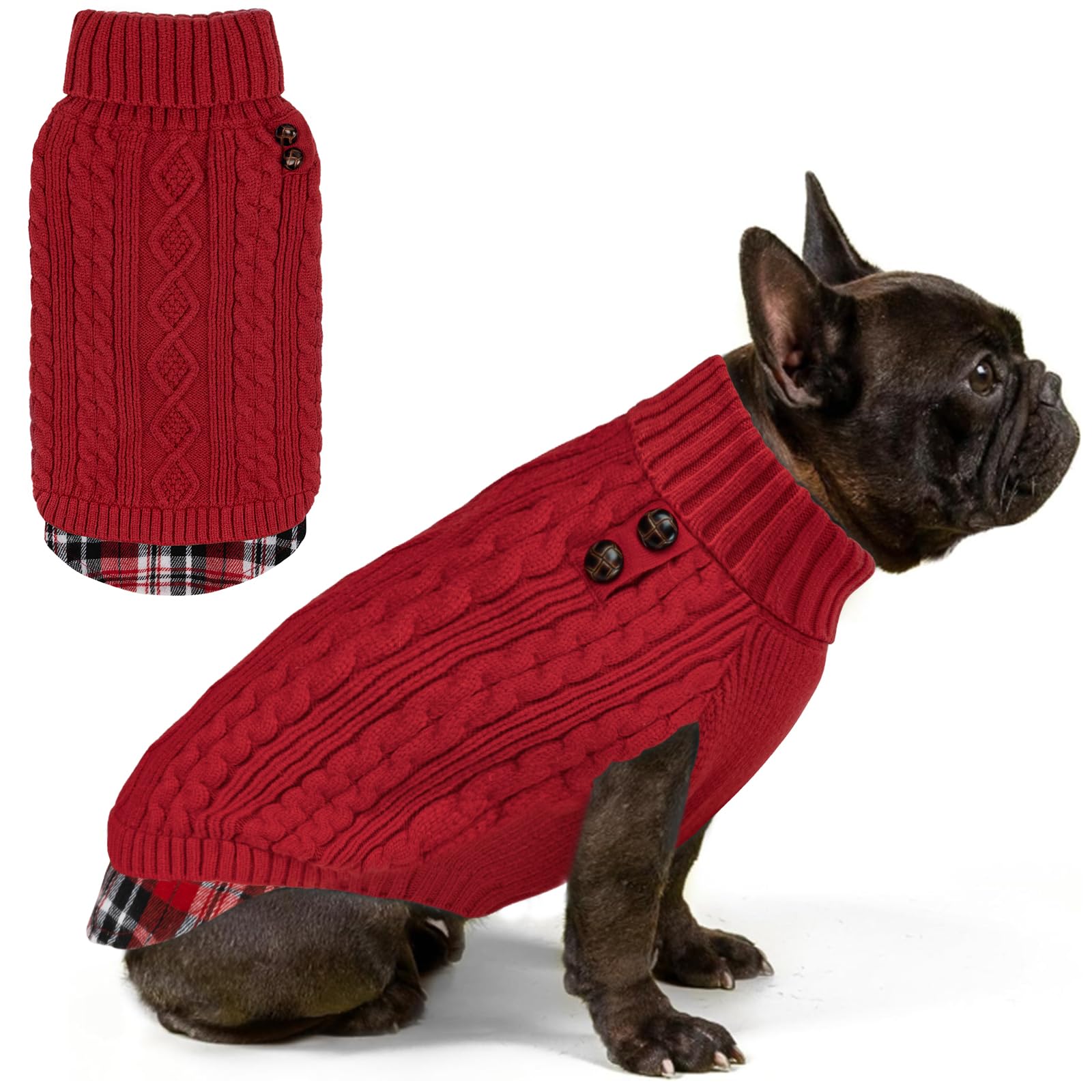 KYEESE dog sweater with turtleneck and gingham patch for cozy style.