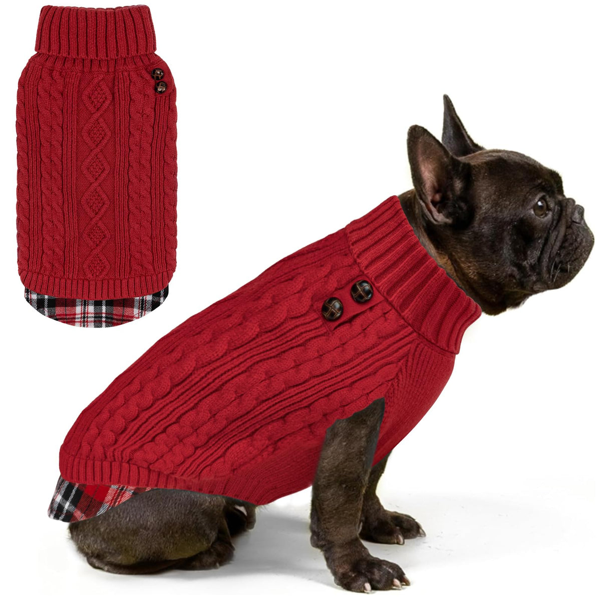 KYEESE dog sweater with turtleneck and gingham patch for cozy style.