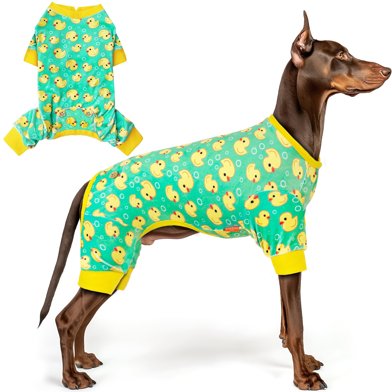 KYEESE dog pajamas yellow duck pattern pullover showing easy daily dressing