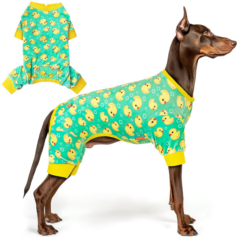 KYEESE dog pajamas yellow duck pattern pullover showing easy daily dressing