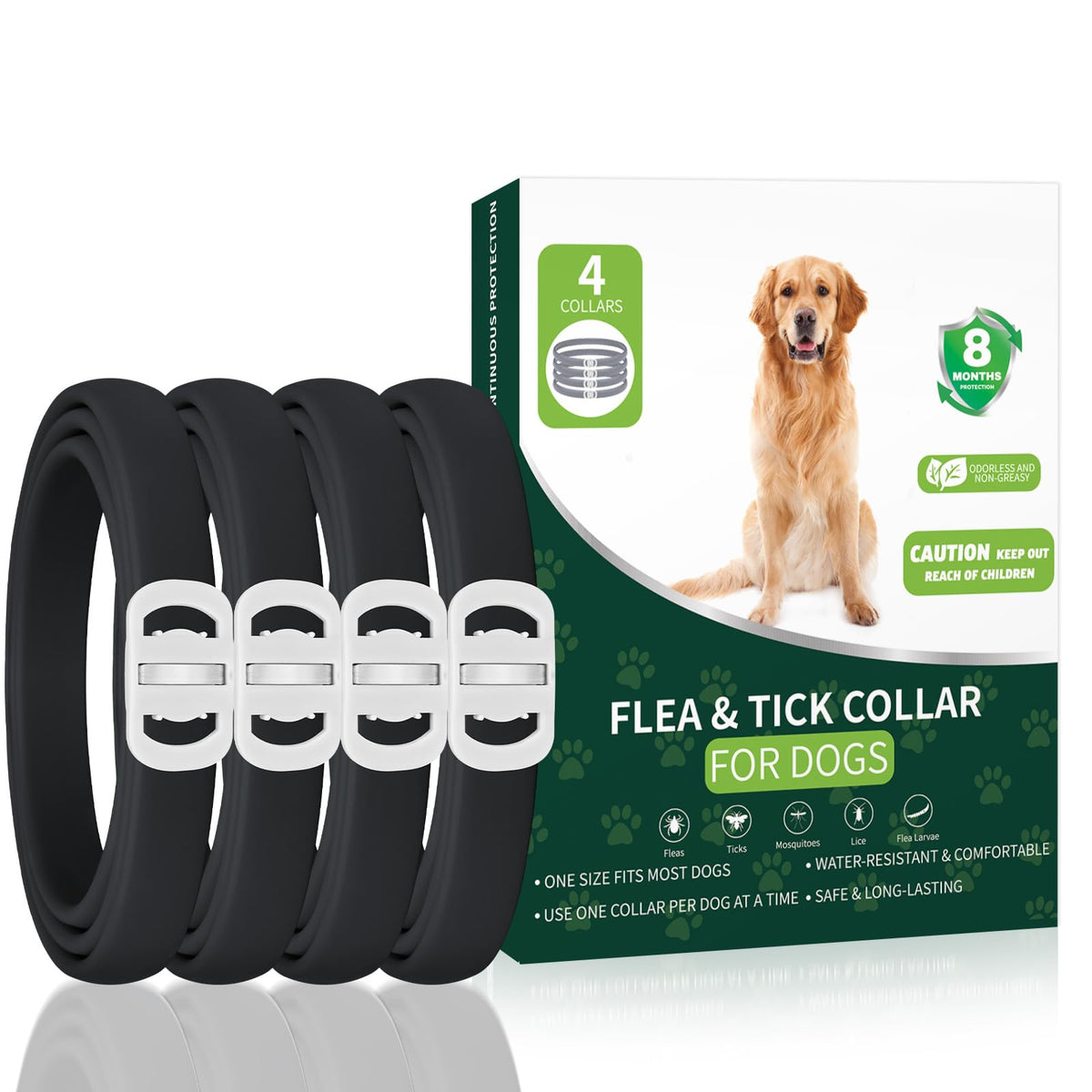 KYGNE four-pack dog flea collars ready for use with extended protection.